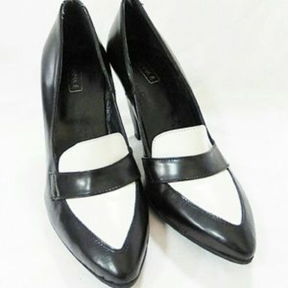 ANNA F. women 37 high heel leather black white‎ Italy preppy old money